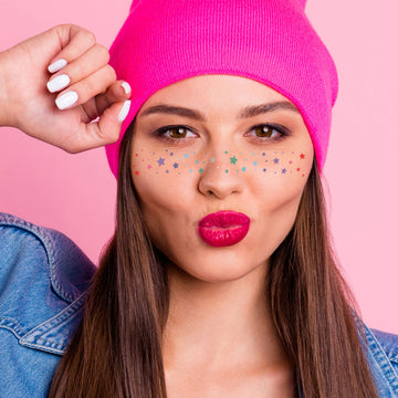 Adorn your cheeks in metallic rainbow sparkle with temporary face Flash Tattoos